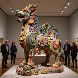 stunning colorful intriguing polished painted massive clay sculpture of a mythic animal by beth cavener in museum. ellen jewett, beth cavener, sayaka ganz, edouard martinet, john o'reilly and judith klausner