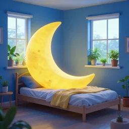 a yellow moon shaped bed in a blue room, with plants in the windows of the room, 8 k, trending on artstation, hdr