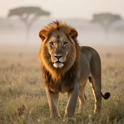 beautiful photo of a lion in the bushveld in the early ours of the morning with morning fog and dew on the grass. sunrise. nature. photography. national geographic. detailed face and fur, ultra hd, sharp. volumetric lighting, hasselblad. nikon z 9. 1 0 0 mm. f / 2. 5