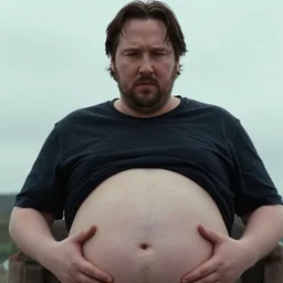obese keanu reeves holds his exposed belly on tight close up, overcast, real photograph, matrix film still