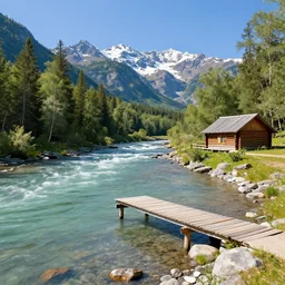 DSLR still of a beautiful mountainside river with a pier and a log cabin at noon, 4k