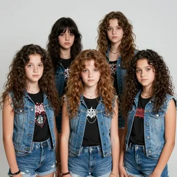 group of 1 9 - year - old girls with shaggy wavy hair, wearing double denim, heavy metal band promo, doom metal band promo, stoner rock band promo, heavy rock band promo photo, 1 9 8 9 photo