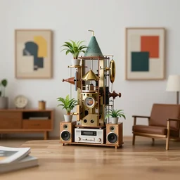 tilt shift focus, miniature 1 9 5 0 s interior design by gaudi, rube goldberg machine, house plants, hi - fi stereo with speakers, modern furniture, bold modern art, mid century, minimal