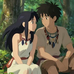 a close up of one boy and one girl sitting together in a forest. girl has long flowing black hair, boy has short hair. romantic. they are wearing tribal clothing. by makoto shinkai, stanley artgerm lau, wlop, rossdraws, james jean, andrei riabovitchev, marc simonetti, krenz cushart, sakimichan, trending on artstation, digital art.