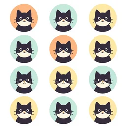 icons of the same size, round shape with an image of a 2d cat on a white background, in the same color scheme and style