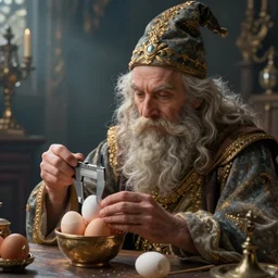 Pensive Wizard examines eggs with calipers, fantasy art by Anna Dittman