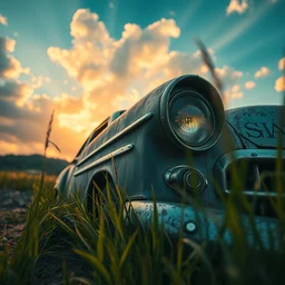 macro, epic sky, cinematic view, detailed, volumetric, godrays, warm lighting, vivid, by jordan grimmer, macro, grass, beautiful, abandoned old car close - up at a landfill, high detail, art greg rutkowski, concept art, trending on artstation, low angle, huge scene
