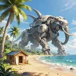 an intricate concept art, fantasy, beach with coconut trees, surfing shack, a large mechanical biomes, megafauna, ultra photorealistic, ultra sharp, artstation, cgsociety, masterpiece, anime colors, by ivan talavera, by wlop, octane render, 8 k