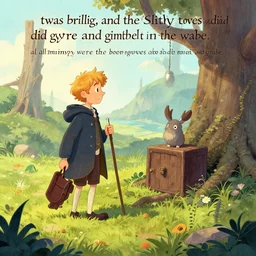 an illustration of lewis carroll's poem : twas brillig, and the slithy toves did gyre and gimble in the wabe. all mimsy were the borogoves and the mome raths outgrabe. digital art,