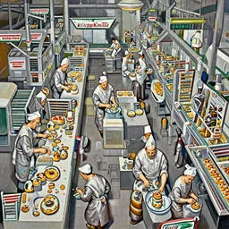 painting of the inside of a Krispy Kreme factory, showing several Benedictine monks preparing the donuts by hand, by Frank Frazetta