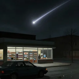 car outside drugstore with giant meteor streaking through sky, by edward hopper, by, by theodore gericault, dark, unsettling, unreal engine 4 k hd masterpiece trending on artstation, nightcafe, mysterious, drab, dystopian