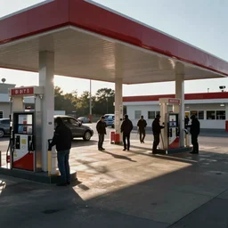 A robbery at a gas station. Security camera footage, grainy, low quality.