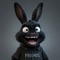 A extremely highly detailed majestic hi-res beautiful, highly detailed head and shoulders portrait of a scary terrifying, horrifying, creepy black cartoon rabbit with scary big eyes, earing a shirt laughing maniacally , let's be friends, in the style of Walt Disney