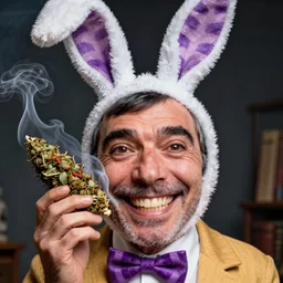 hyper realistic, close up portrait of a derpy mr. bean, big chungus, with bunny ears, and a cheshire purple stripes, smoking massive amounts of weed, big smile, buck teeth, by greg rutkowski, scott m fischer, artgerm, loish, slight glow, atmospheric, anne stokes, alexandros pyromallis, 4 k, 8 k