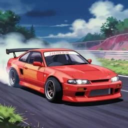 a drift car in the style of a 90s anime