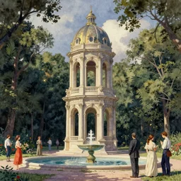 neoclassical tower with dome on the forest next to a fountain. intricate, centered, amazing composition, colorful watercolor, by ruan jia, by maxfield parrish, by marc simonetti, by hikari shimoda, by robert hubert, by zhang kechun, illustration, gloomy