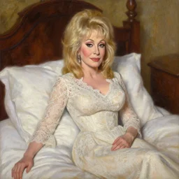 portrait of dolly parton wearing a lace dress in bed, an oil painting by ross tran and thomas kincade