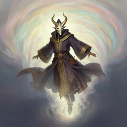 character concept art of wizard wearing horned mask flying inside a pale rainbow colored tornado, full body shot, fantasy painterly style, intricate details, artwork by ross tran, artgerm, eimbrodered clothing