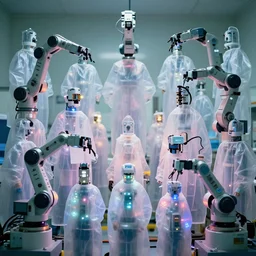 a face made of many small boxy kuka robotic arms, large translucent synthetic garments, hospital, blinking leds, color photo, various levels of details, 5 0 mm sigma lens, high aperture