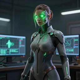 a woman in a futuristic suit with green lights on her face, a computer rendering by hedi xandt, cgsociety, net art, daz 3 d, zbrush, behance hd, dramatic lighting, medium shot, ground angle, uhd 8 k, shallow depth of field