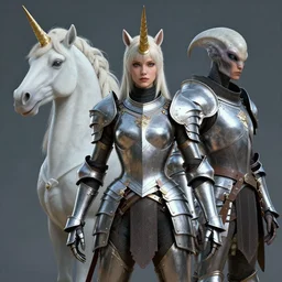 epic portrait of female alien unicorn in plate armour by cleavanger and elvgren epic awesome symmetrical octane vfx maya render realistic