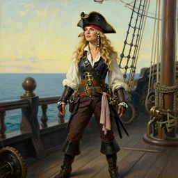 a beautiful, friendly, calm, blonde, well - dressed, steampunk, covered, armed, pirate captain, standing on the deck of her ship gazing at the horizon in 1 7 3 0, detailed award - winning time - less painting