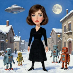 cubist portrait of sky, winter, snow, 1 9 5 0 s scifi, tin toy robots, ufo, flying saucer, moon, meninblack, steampunk, alley, streets, nicoletta ceccoli, mark ryden, lostfish, max fleischer, hyper realistic, artstation, illustration, digital paint, matte paint, vivid colors, bright, cheerful