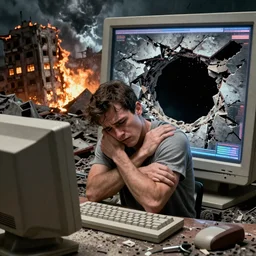 a high resolution color photo of a sad man being strangled by the collapse of the universe while in a black hole on a vintage computer screen, burning building, storm, fire, earthquake, debris