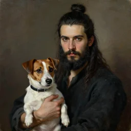 a beautiful painting dramatic portrait of a young man with long hair tied in a bun and black beard holding a jack russell by greg rutkowski, featured on artstation