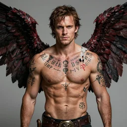 front portrait of attractive Sam Winchester as a muscular warrior angel with demon wings wide open, teared apart T-Shirt whole body tattooed with runes and satanic symbols, D&D!, fantasy style, sharp focus!, ultra detailed, art by Artgerm and Peter Andrew Jones, WLUP