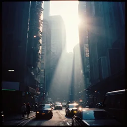 go pro camera photo with chromatic aberration of a cyberpunk dystopian city with sunshaft and dramatic colorful lighting and god rays, Kodak Ektachrome E100 Film,