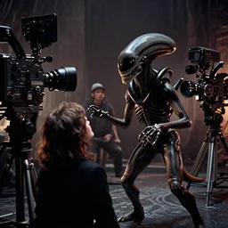 a wide angle movie still from alien ( 1 9 7 9 ) by ridley scott showing an alien attacking someone | sci - fi and supernatural horror | uneasy and uncanny atmosphere | shot on celluloid with panavision cameras | panavision lenses | 3 5 mm film negative width | anamorphic projection format | critically acclaimed | oscar winning practical effects