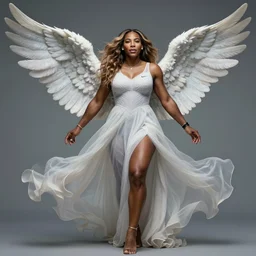 full body portrait of serena williams as nike goddess with perfect hands, large wings, luxuriant, dreamy, eternity, romantic, strong pose, highly detailed, in the style of franz xaver winterhalter, highly detailed, in the style of aetherpunk