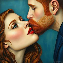 red bearded blue eyed man, kissing a beautiful woman with brown hair and green eyes. gustav klimt painting