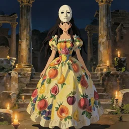 a full body portrait of a young latin woman in a flowery fruit - based dress, with a greek mask on your head, night lighting with candles delicate features finely detailed perfect art, at an ancient city, gapmoe yandere grimdark, trending on pixiv fanbox, painted by greg rutkowski makoto shinkai takashi takeuchi studio ghibli