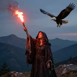 at Dusk a witch woman dressed in an elaborate tattered cloak with hood, stands overlooking a mountain range as she holds up a lit and burning red signal flare. An american bald eagle flies towards her. Portrait by annie Liebowitz.