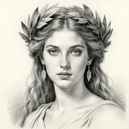 pencil drawing of the very beautiful and sexy greek goddess aphrodite wearing a laurel wreath with arrowhead earrings, piercing eyes, beautiful flowing hair, hyper realistic face, in the style of greg rutkowski, fantasy, amazing detail, epic, elegant, smooth, sharp focus, young