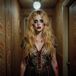 a gorgeous but creepy, sinister woman in layers of fear, with haunted eyes and wild blonde hair standing in a hallway, 1 9 7 0 s, seventies, wallpaper, a little blood, moonlight showing injuries, delicate embellishments, painterly, offset printing technique, by coby whitmore, jules bastien - lepage