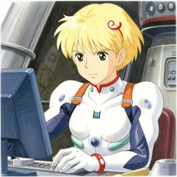 spaceship mechanic at work, blonde, bodysuit, finely illustrated face, highly detailed, colored pencil, studio ghibli, tankobon