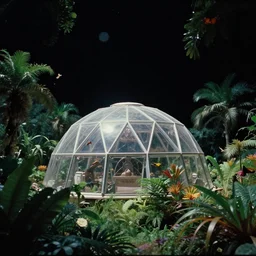 Film still of a biodome on a spacestation, view out into space, dark sky, stars, tropical plants and trees grow all around, birds, butterflies, bokeh, Cinestill colour cinematography, anamorphic