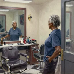 an old black woman in a barber shop welcoming you inside, detailed painting