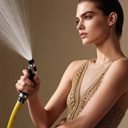 close up of a fashion model is getting sprayed by a hose, luxury dress, official valentino editorial, highly detailed