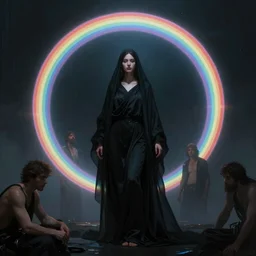 awe-inspiring award-winning concept art painting of attractive figure in black shrouds as the goddess of the moonbow, rainbow, by Michael Whelan, William Adolphe Bouguereau, John Williams Waterhouse, and Donato Giancola, cyberpunk, extremely moody lighting, glowing light and shadow, atmospheric, shadowy, cinematic, 8K,
