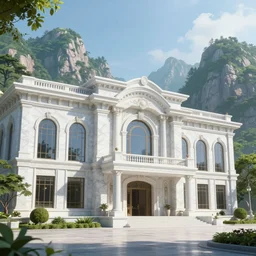 Gorgeous marble palace with big windows and columns built in the green giant mountains, hyperdetailed, artstation, cgsociety, 8k
