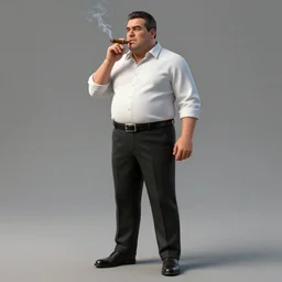 a midage italian male, short hair with gel, overweight, fine white shirt, leather belt, black suit pants, leather shoes, smoking a cigar, full body, isolated background, concept art, highly detailed, unreal engine