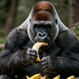 big gorilla with human face maneating eating bananas in the hood, 8k resolution, full HD, cinematic lighting, award winning, anatomically correct