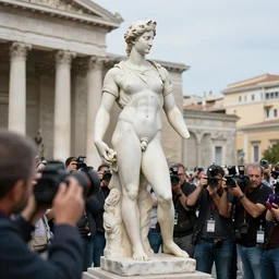 a greek statue escaping from the paparazzi