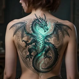 A girl with a dragon tattoo on her back, the tattoo is glowing and coming alive , deep focus, D&D, fantasy, intricate, elegant, highly detailed, digital painting, artstation, concept art, matte, sharp focus, illustration, hearthstone, art by Artgerm and Greg Rutkowski and Alphonse Mucha