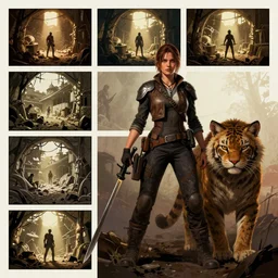 fallout 5, concept art drawings of the opening scene, storyboard, concept art, comic style, female protagonist and large feline companion, atmospheric lighting, painted, intricate, volumetric lighting, beautiful, gritty, rich deep colours masterpiece, sharp focus, ultra detailed by jack kirby, ignacio fernandez rios, thierry doizon