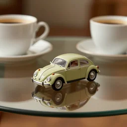 a small miniature of a VW Beetle on a glass table near a cup of coffee, hyperrealistic, concept art, macro photo, symmetrical, low contrast, serene scene, warm lighting, path traced, highly detailed, high quality, 4k, complementary colors, calm, relaxing, beautiful, high coherence, octane render, unreal engine 5, home background, trending on Artstation